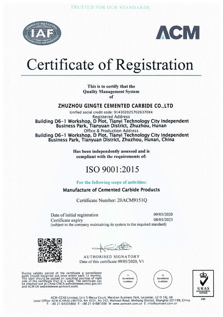 China Zhuzhou Gingte Cemented Carbide Co.,LTD certificaten